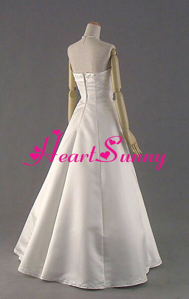 ウェディングドレス Aライン☆D013☆ビーズ飾りレース 光沢サテン☆HeartSunny【RCP】サイズオーダーメイド/結婚式/披露宴/二次会/大きい/小さい/ロングウエディングドレス/パーティードレス/ブライダル/花嫁/格安/激安