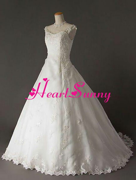 ウェディングドレス Aライン☆D014☆レース タンクトップ トレーン☆HeartSunny【RCP】サイズオーダーメイド/結婚式/披露宴/二次会/大きい/小さい/ロングウエディングドレス/パーティードレス/ブライダル/花嫁/格安/激安