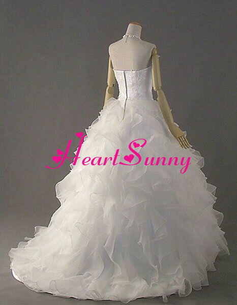 スマイルデ-ショップのウェディングドレス プリンセス☆D024☆ふわふわフリル ビーズ飾りレース トレーン☆HeartSunny【RCP】サイズオーダーメイド/結婚式/披露宴/二次会/大きい/小さい/ロングウエディングドレス/パーティードレス/ブライダル/花嫁/格安/激安｜アングル2