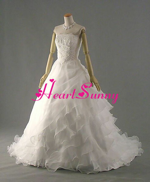 ウェディングドレス プリンセス☆D025☆アシンメトリーフリル レース トレーン☆HeartSunny【RCP】サイズオーダーメイド/結婚式/披露宴/二次会/大きい/小さい/ロングウエディングドレス/パーティードレス/ブライダル/花嫁/格安/激安