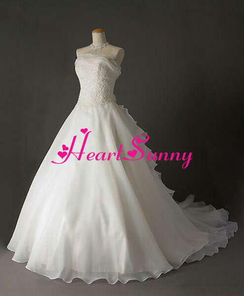 ウェディングドレス プリンセス☆D030☆オーガンジーフリル 手作り花 トレーン☆HeartSunny【RCP】サイズオーダーメイド/結婚式/披露宴/二次会/大きい/小さい/ロングウエディングドレス/パーティードレス/ブライダル/花嫁/格安/激安