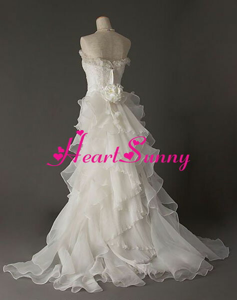 ウェディングドレス マーメイド☆D043☆ティアードフリル 手作り花 トレーン☆HeartSunny【RCP】サイズオーダーメイド/結婚式/披露宴/二次会/大きい/小さい/ロングウエディングドレス/パーティードレス/ブライダル/花嫁/格安/激安