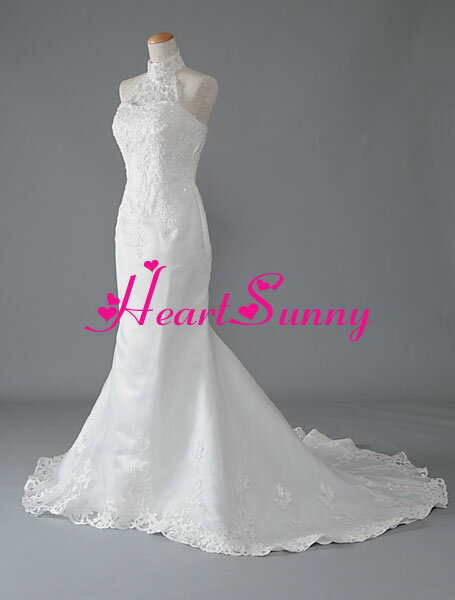 ウェディングドレス マーメイド☆D049☆透明レースホルターネック トレーン☆HeartSunny【RCP】サイズオーダーメイド/結婚式/披露宴/二次会/大きい/小さい/ロングウエディングドレス/パーティードレス/ブライダル/花嫁/格安/激安
