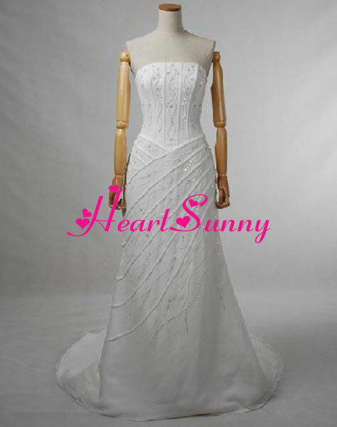 Rakuten - ウェディングドレス スレンダー☆D051☆ビーズ飾り トレーン☆HeartSunny【RCP】サイズオーダーメイド/結婚式/披露宴/二次会/大きい/小さい/ロングウエディングドレス/パーティードレス/ブライダル/花嫁/格安/激安