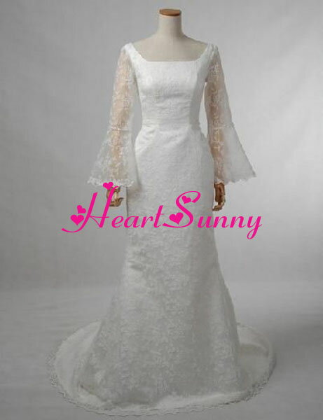 Rakuten - ウェディングドレス スレンダー☆D052☆透明感花柄レース長袖 トレーン☆HeartSunny【RCP】サイズオーダーメイド/結婚式/披露宴/二次会/大きい/小さい/ロングウエディングドレス/パーティードレス/ブライダル/花嫁/格安/激安