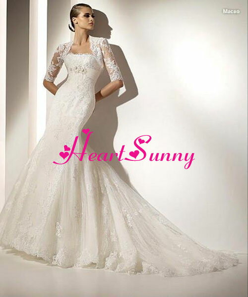ウェディングドレス マーメイド☆A155☆5部袖透明感レース トレーン 2Wayタイプ ボレロ取り外す可能☆HeartSunny【RCP】サイズオーダーメイド/結婚式/披露宴/二次会/大きい/小さい/ロングウエディングドレス/パーティードレス/ブライダル/花嫁/格安/激安