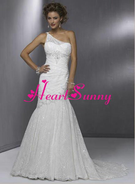 ウェディングドレス マーメイド☆A161☆ワンショルダー トレーン☆HeartSunny【RCP】サイズオーダーメイド/結婚式/披露宴/二次会/大きい/小さい/ロングウエディングドレス/パーティードレス/ブライダル/花嫁/格安/激安