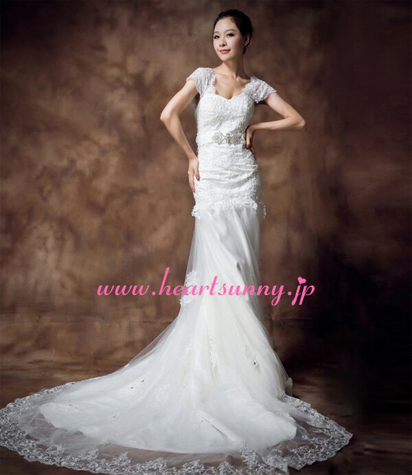 ウェディングドレス マーメイド☆E261☆フレンチ袖 花柄レース ロングトレーン☆HeartSunny【RCP】サイズオーダーメイド/結婚式/披露宴/二次会/大きい/小さい/ロングウエディングドレス/パーティードレス/ブライダル/花嫁/格安/激安