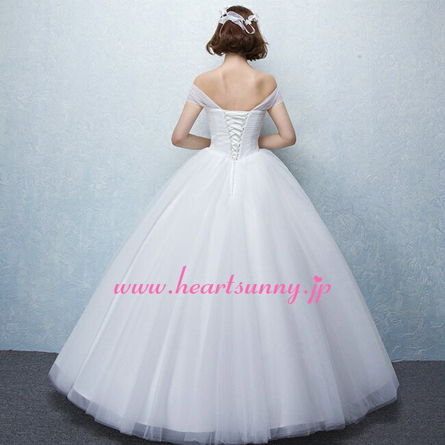 ウェディングドレス プリンセス☆B116☆ローカット＆ベアバックでセクシーに オフショルダー 折り目 編み上げ☆HeartSunny【RCP】サイズオーダーメイド/結婚式/披露宴/二次会/大きい/小さい/ロングウエディングドレス/パーティードレス/ブライダル/花嫁/格安/激安