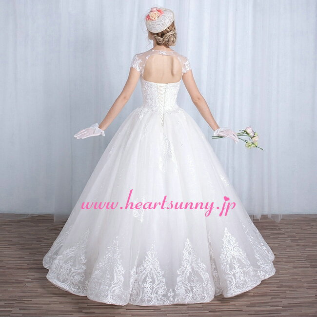 ウェディングドレス プリンセス☆B150☆透明花柄レース丸首フレンチ袖 ベアバック 編み上げ☆HeartSunny【RCP】サイズオーダーメイド/結婚式/披露宴/二次会/大きい/小さい/ロングウエディングドレス/パーティードレス/ブライダル/花嫁/格安/激安