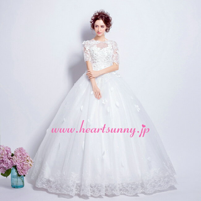 ウェディングドレス プリンセス☆E505☆ベアバック半袖 編み上げ☆HeartSunny【RCP】サイズオーダーメイド/結婚式/披露宴/二次会/大きい/小さい/ロングウエディングドレス/パーティードレス/ブライダル/花嫁/格安/激安