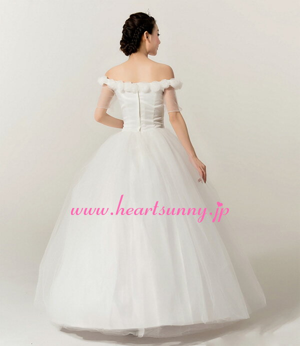 ウェディングドレス プリンセス☆E101☆手作り花＆ビーズ飾りオフショルダー 透明 半袖/3分袖☆HeartSunny【RCP】サイズオーダーメイド/結婚式/披露宴/二次会/大きい/小さい/ロングウエディングドレス/パーティードレス/ブライダル/花嫁/格安/激安