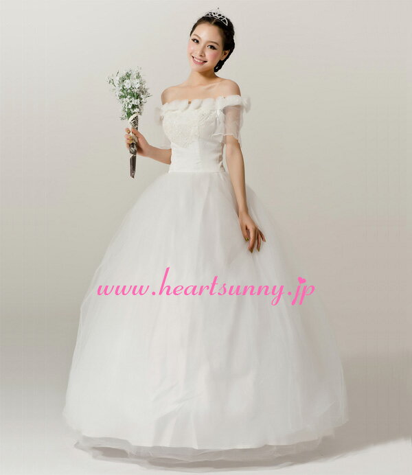 ウェディングドレス プリンセス☆E101☆手作り花＆ビーズ飾りオフショルダー 透明 半袖/3分袖☆HeartSunny【RCP】サイズオーダーメイド/結婚式/披露宴/二次会/大きい/小さい/ロングウエディングドレス/パーティードレス/ブライダル/花嫁/格安/激安