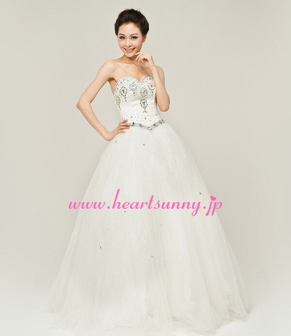ウェディングドレス プリンセス☆E103☆ダイヤ&ビーズ&スパンコール ハートネックビスチェ 編み上げ☆HeartSunny【RCP】サイズオーダーメイド/結婚式/披露宴/二次会/大きい/小さい/ロングウエディングドレス/パーティードレス/ブライダル/花嫁/格安/激安