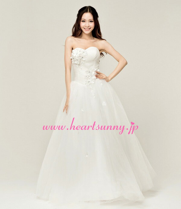 ウェディングドレス プリンセス☆E104☆手作り花 ソフトチュール 編み上げ☆HeartSunny【RCP】サイズオーダーメイド/結婚式/披露宴/二次会/大きい/小さい/ロングウエディングドレス/パーティードレス/ブライダル/花嫁/格安/激安