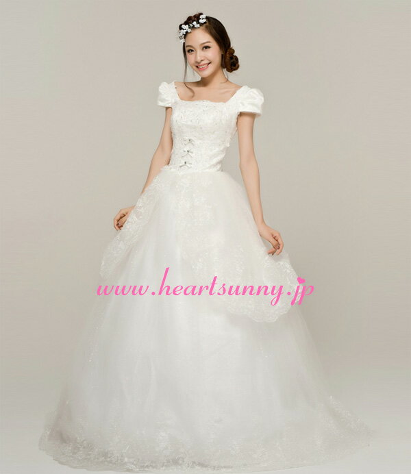 ウェディングドレス プリンセス☆E115☆フレンチ袖 スパンコール レース 編み上げ☆HeartSunny【RCP】サイズオーダーメイド/結婚式/披露宴/二次会/大きい/小さい/ロングウエディングドレス/パーティードレス/ブライダル/花嫁/格安/激安