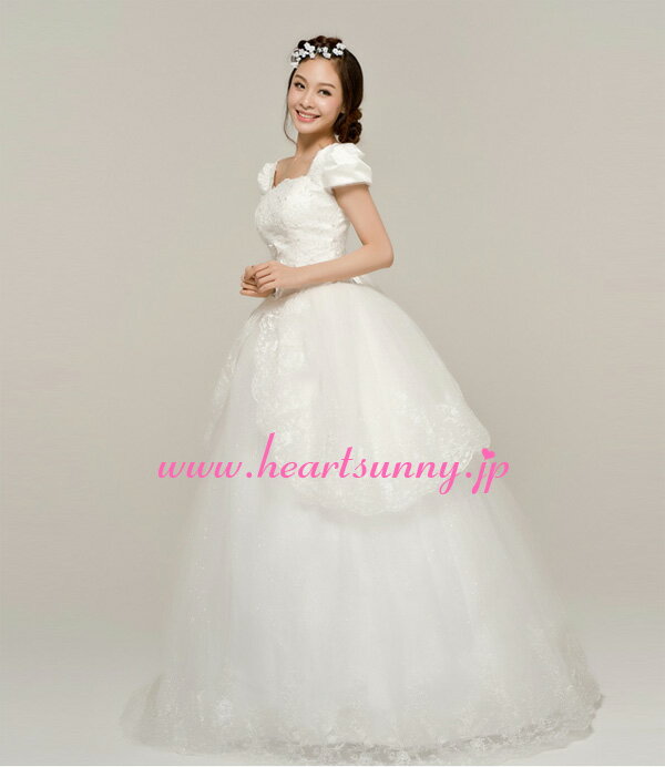 ウェディングドレス プリンセス☆E115☆フレンチ袖 スパンコール レース 編み上げ☆HeartSunny【RCP】サイズオーダーメイド/結婚式/披露宴/二次会/大きい/小さい/ロングウエディングドレス/パーティードレス/ブライダル/花嫁/格安/激安