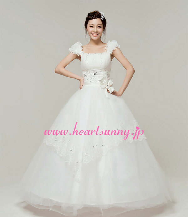 Rakuten - ウェディングドレス プリンセス☆E135☆フレンチ袖 ダイヤ飾り 編み上げ 蝶結び☆HeartSunny【RCP】サイズオーダーメイド/結婚式/披露宴/二次会/大きい/小さい/ロングウエディングドレス/パーティードレス/ブライダル/花嫁/格安/激安
