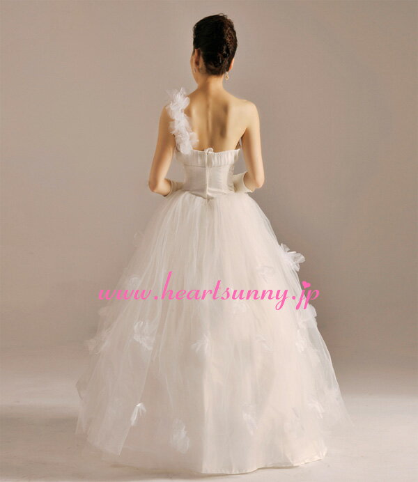 ウェディングドレス プリンセス☆E146☆ソフトチュールワンショルダー 折り目 ビーズ オーガンジー☆HeartSunny【RCP】サイズオーダーメイド/結婚式/披露宴/二次会/大きい/小さい/ロングウエディングドレス/パーティードレス/ブライダル/花嫁/格安/激安