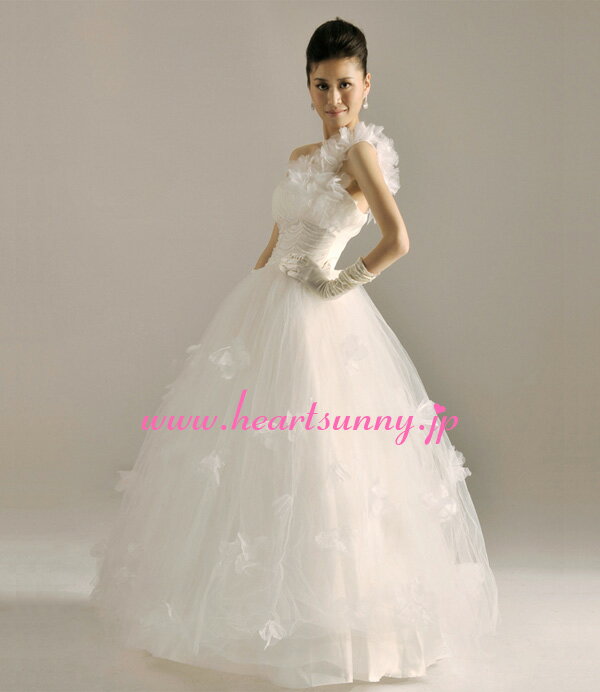 ウェディングドレス プリンセス☆E146☆ソフトチュールワンショルダー 折り目 ビーズ オーガンジー☆HeartSunny【RCP】サイズオーダーメイド/結婚式/披露宴/二次会/大きい/小さい/ロングウエディングドレス/パーティードレス/ブライダル/花嫁/格安/激安