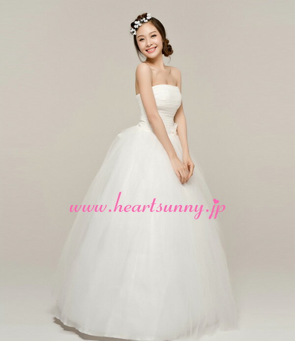 ウェディングドレス プリンセス☆E154☆折り目ビスチェ パール飾り手作り花 透明感オーガンジー 編み上げ☆HeartSunny【RCP】サイズオーダーメイド/結婚式/披露宴/二次会/大きい/小さい/ロングウエディングドレス/パーティードレス/ブライダル/花嫁/格安/激安