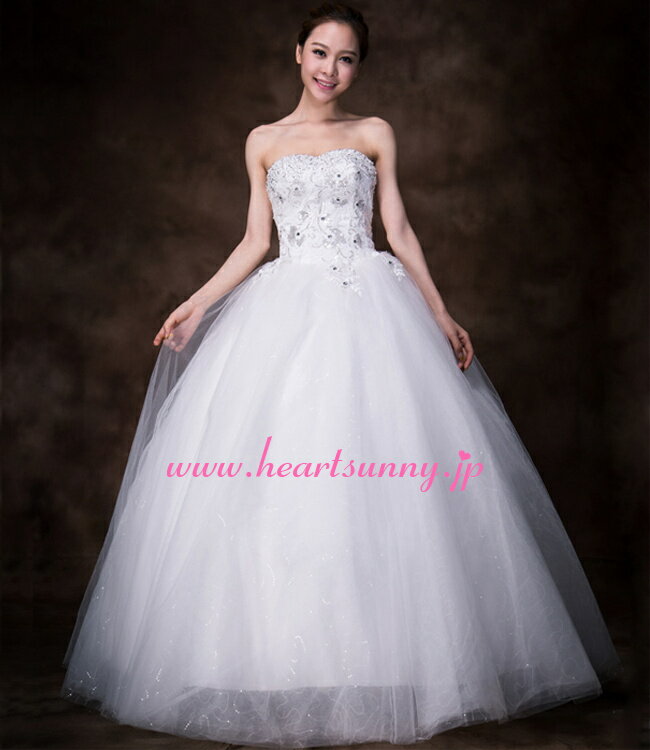 ウェディングドレス プリンセス☆E186☆ビーズ＆ストーン飾りハートネックビスチェ スパンコールソフトチュール 編み上げ☆HeartSunny【RCP】サイズオーダーメイド/結婚式/披露宴/二次会/大きい/小さい/ロングウエディングドレス/パーティードレス/ブライダル/花嫁/格安/激安