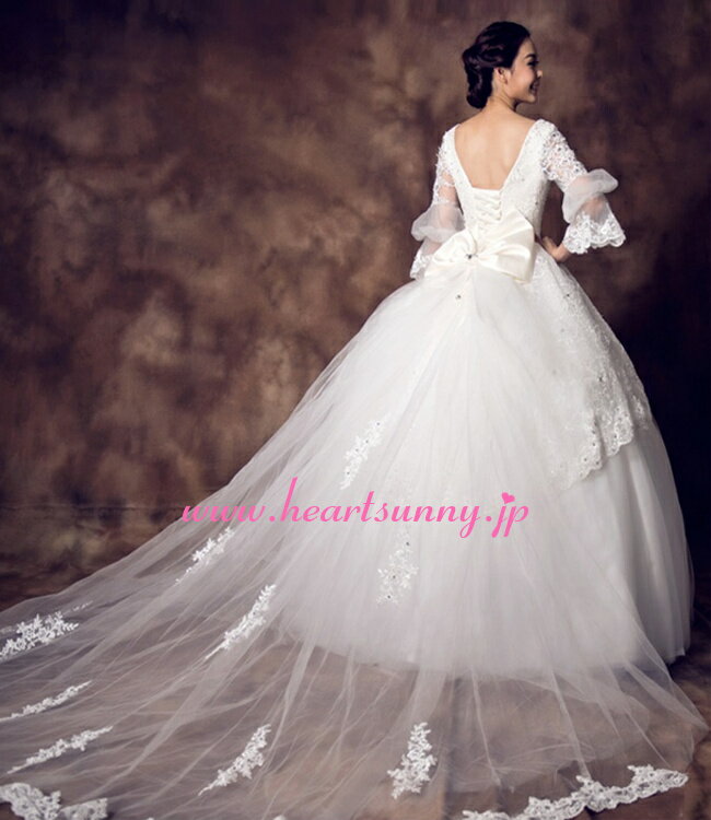 ウェディングドレス プリンセス☆E197☆深Vネック パゴダスリープ ビーズ飾りレース 編み上げ 蝶結び トレーン☆HeartSunny【RCP】サイズオーダーメイド/結婚式/披露宴/二次会/大きい/小さい/ロングウエディングドレス/パーティードレス/ブライダル/花嫁/格安/激安