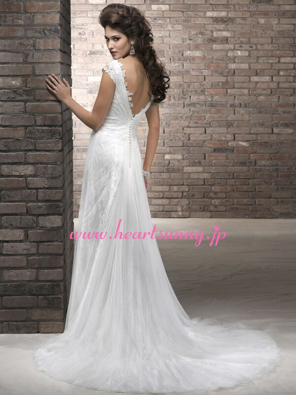 ウェディングドレス スレンダー☆A107☆Vネック ベアバック フレンチ袖 レース トレーン☆HeartSunny【RCP】サイズオーダーメイド/結婚式/披露宴/二次会/大きい/小さい/ロングウエディングドレス/パーティードレス/ブライダル/花嫁/格安/激安