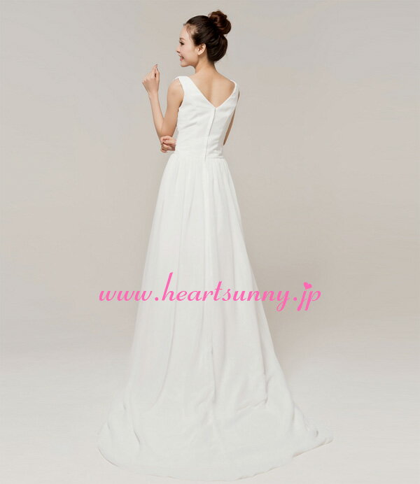 ウェディングドレス スレンダー☆E201☆Vネックタンクトップ シフォン トレーン☆HeartSunny【RCP】サイズオーダーメイド/結婚式/披露宴/二次会/大きい/小さい/ロングウエディングドレス/パーティードレス/ブライダル/花嫁/前撮り/フォトウェディング/結婚写真