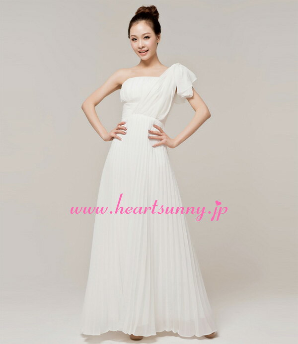 ウェディングドレス スレンダー サイズオーダー オーダーメイド ワンショルダー 折り目 シフォン☆HeartSunny☆E201☆結婚式/披露宴/二次会/大きい/小さい/ロングウエディングドレス/パーティードレス/ブライダル/花嫁/格安/激安