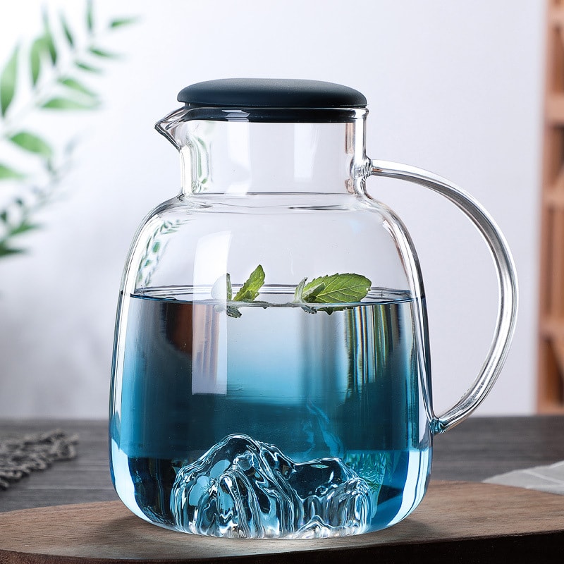 【ポイント 5倍UP !】【1800ml】山グラス ガラスポット ティーボット 1.8リットル 耐熱ガラス 直火対応 電気ケトル対応 ホウケイ酸ガラス 手作り おしゃれ ブルー