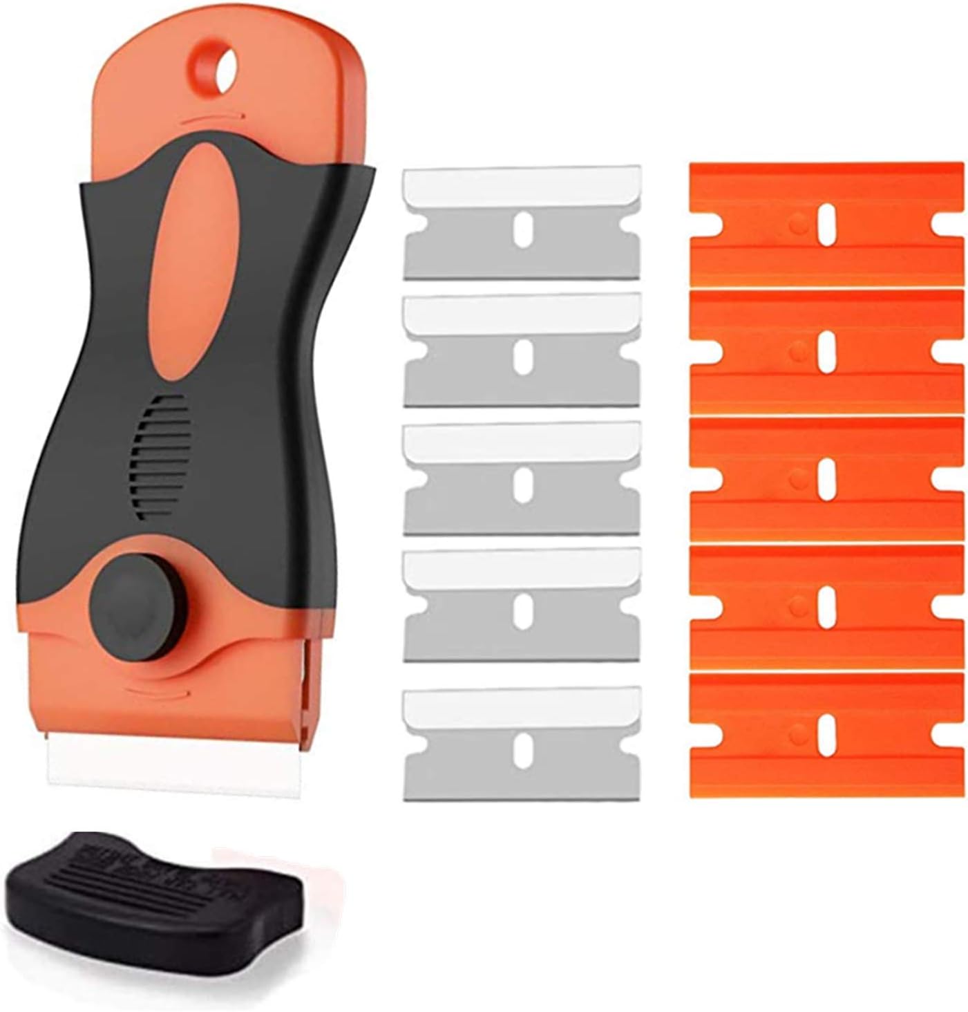 シール剥がし スクレーパー ガラススクレーパー ポケット 【 プラスチックブレード5個 ステンレスブレード5個 ブレードカバー付き 】安全スクレーパー ガラス汚れ落とし 壁面 付着物かき落とし 替刃付10個