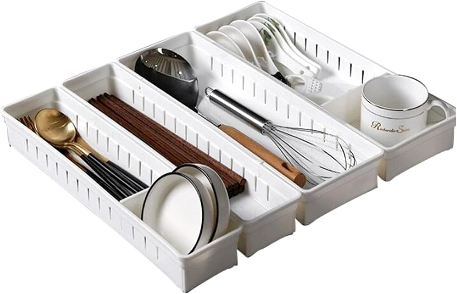 4個セット 引き出し仕切り 引き出し用トレイ 収納トレイ 仕切り板付き お好きにサイズ調整可能 自由組合 奥行き8cm 整理 収納ケース 引き出し カトラリー 文房具 キッチン 下着 工具 化粧品 デスク 収納 小物整理