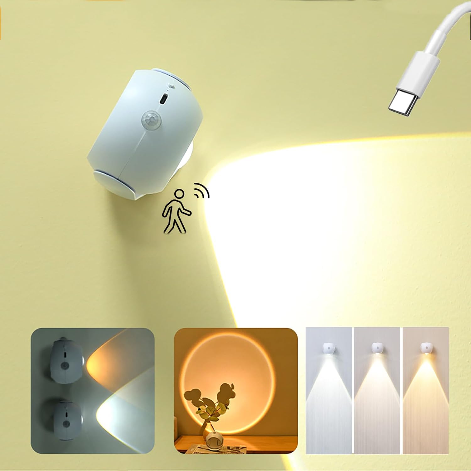＼マラソン期間 P10倍／LEDセンサーライト 人感センサーライト 3色調整可能 夕日投影ランプ Type-C USB充電&電池式 無段階調光 落日灯 磁石による吸着 キャビネットライトキッチン用 屋内 寝室 廊下 階段 玄関 階段 高感度 高輝度 超寿命