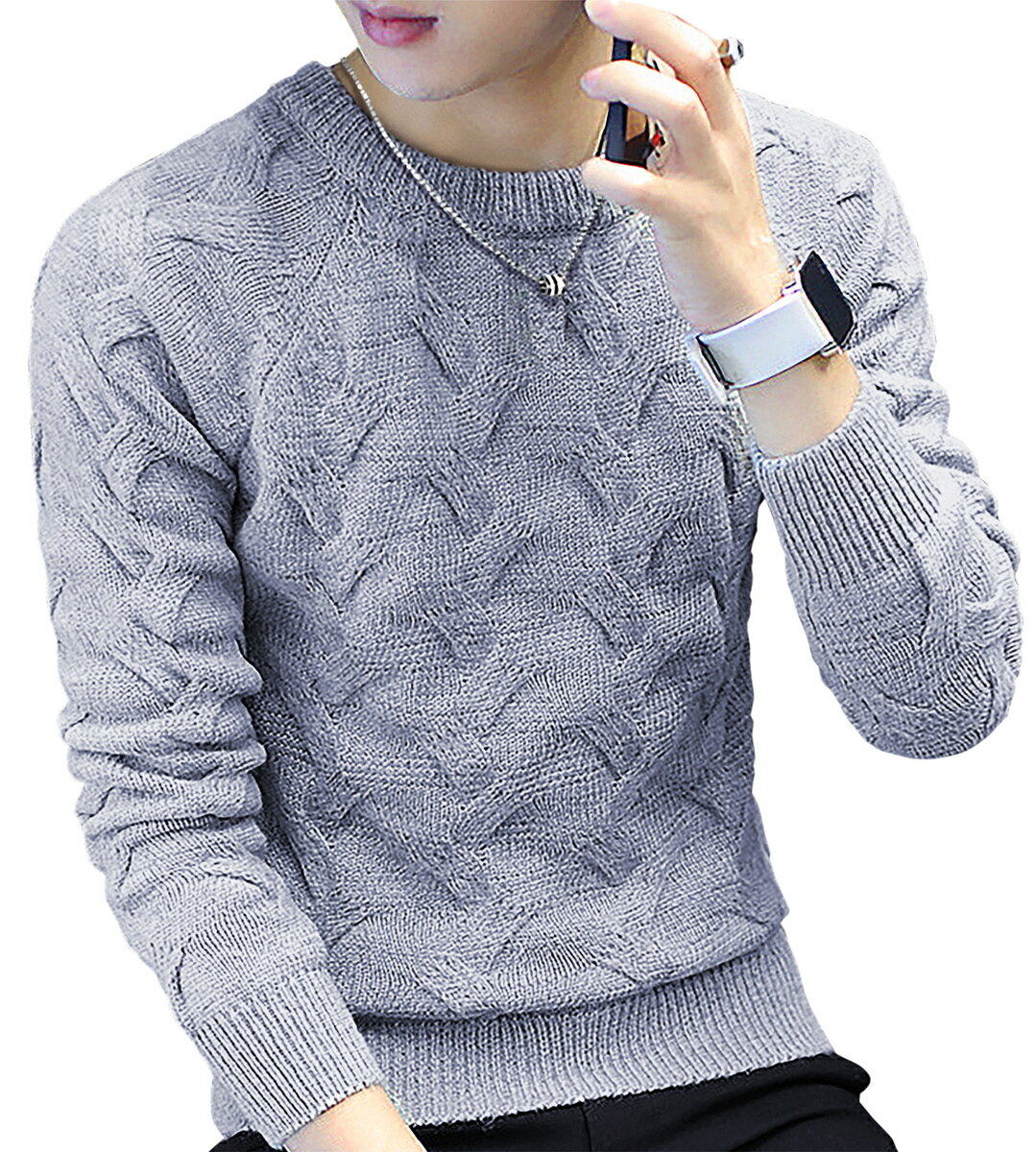 [HAFOS] セーター メンズ ケーブル編み クルーネック スリム ニットセーター 無地 カジュアル 長袖 ニット 防寒 M〜2XL