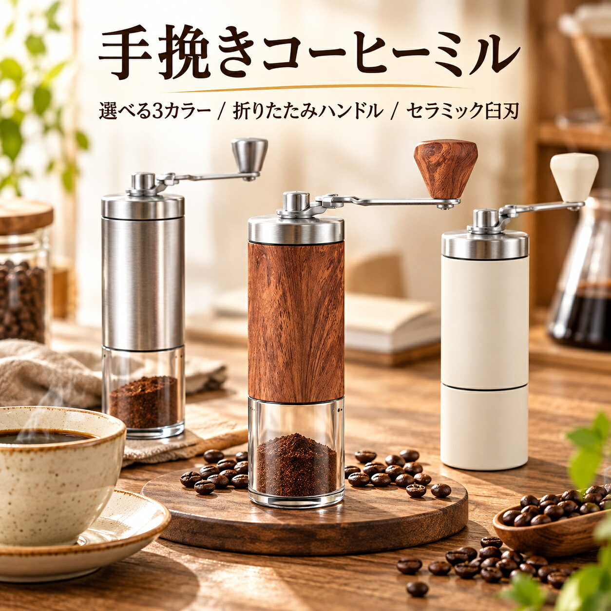 挽く時間まで、コーヒーを楽しむ。 電源不要で、いつでも挽きたて。 毎日の一杯をもっと心地よく。 コーヒーのおいしさをもっと楽しみたいなら、豆を挽くところから。 電源を使わず、自分の手でゆっくり豆を挽ける手挽きコーヒーミルです。 セラミック製の臼、折りたたみ式ハンドル、ベアリング構造を組み合わせたコンパクト設計。 ご自宅ではもちろん、キャンプやアウトドア、旅行先などでも挽きたてのコーヒーを楽しめます。 POINT 01 セラミック製の臼を採用 豆を挽く重要な部分にはセラミック製の臼を採用。 自分の手でゆっくり豆を挽く、手挽きならではのコーヒー時間を楽しめます。 毎朝の一杯から、休日のハンドドリップまで気軽にお使いいただけます。 POINT 02 好みに合わせて粗さ調整 コーヒー豆や抽出方法、お好みに合わせて挽き目の粗さを調整できます。 ハンドドリップなど、楽しみ方に合わせて自分好みの挽き目に調整できるのが手挽きミルの魅力です。 ※挽き上がりは豆の種類・焙煎度・調整状態などによって異なります。 POINT 03 折りたたみ式ハンドル 使用しない時はハンドルを折りたためるコンパクト設計。 収納時に場所を取りにくく、キッチンの棚や収納スペースにもすっきり収まります。 持ち運びもしやすいため、アウトドアにも便利です。 POINT 04 ベアリング内蔵構造 トップ部分にはベアリングを内蔵。 ハンドルの回転をサポートし、手挽きしやすい構造に仕上げています。 毎日のコーヒータイムに取り入れやすい、シンプルで実用的な設計です。 POINT 05 スリム＆コンパクト 本体直径は約5.2cm。 手に持ちやすいスリムな円筒形で、収納時もスペースを取りにくい設計です。 キッチンに置いても圧迫感を抑えやすく、すっきり収納できます。 POINT 06 約286gのコンパクト設計 製品重量は約286g。 折りたたみ式ハンドルとコンパクトな本体で、ご自宅での使用はもちろん、キャンプ・アウトドア・旅行などへの持ち運びにも便利です。 POINT 07 電源不要、好きな場所で 手動式だから電池も充電も不要。 キッチンでの普段使いはもちろん、キャンプ・アウトドア・旅行・車中泊など、電源を使いにくい場所でも活躍します。 POINT 08 掃除用ブラシ付き 細かなコーヒー粉のお手入れに使える掃除用ブラシ付き。 使用後に残った粉を払い落とす際に便利で、日常のお手入れをサポートします。 選べる3タイプ 01｜ステンレス 型番：CT5014 シンプルで清潔感のあるスタンダードタイプ。 02｜木目調 型番：CT5011 ナチュラルな雰囲気を楽しめる木目調デザイン。 ※天然木・木製ではありません。 03｜アイボリー 型番：CT5011-B ホワイト・ベージュ系のキッチンにもなじみやすい、やさしいカラー。 こんなシーンにおすすめ ・自宅でのハンドドリップ ・キッチン ・オフィス ・キャンプ ・アウトドア ・旅行 ・車中泊 豆を挽く時間も一杯の楽しみのひとつ。 電源を使わず、好きな場所で。 挽きたての香りを毎日のコーヒータイムに。選べる3タイプ 01 ステンレス 型番：CT5014 SKU：CM-CT5014-SV 02 木目調 型番：CT5011 SKU：CM-CT5011-WD ※天然木・木製ではありません。 03 アイボリー 型番：CT5011-B SKU：CM-CT5011B-IV 商品仕様 商品名 手挽きコーヒーミル 方式 手動式 臼 セラミック製 粗さ調整 対応 ハンドル 折りたたみ式 構造 ベアリング内蔵 製品重量 約286g 本体直径 約5.2cm 本体高さ 約17.8～18cm 使用時高さ 約20cm ハンドル長さ 約11.5cm 電源 不要 付属品 掃除用ブラシ おすすめ使用シーン ・自宅でのハンドドリップ ・キッチン ・オフィス ・キャンプ ・アウトドア ・旅行 ・車中泊 木目調タイプについて 木目調タイプは天然木・木製ではありません。 木目をイメージしたデザイン仕上げです。 【ご使用前にご確認ください】 ・コーヒー豆用の手挽きミルとしてご使用ください。 ・使用前に本体各部が正しく取り付けられていることをご確認ください。 ・空の状態で必要以上に臼を回さないでください。 ・粗さを調整する際は、無理な力を加えないでください。 ・挽き上がりはコーヒー豆の種類、焙煎度、調整状態などによって異なる場合があります。 ・使用後は付属の掃除用ブラシなどを使用して、残ったコーヒー粉を取り除いてください。 ・本商品について、丸洗い・本体全体の水洗いには対応している旨を保証しておりません。お手入れの際は商品仕様をご確認ください。 ・木目調タイプは天然木・木製ではありません。製造ロットにより木目模様や色合いに多少の個体差が生じる場合があります。 ・アイボリータイプは、製造ロットや撮影環境などにより実際の商品と色味が異なって見える場合があります。 ・サイズ、重量はメーカー表記の目安です。測定方法により多少の誤差が生じる場合があります。 ・商品画像はモニターや照明環境により、実際の商品と色味が異なって見える場合があります。