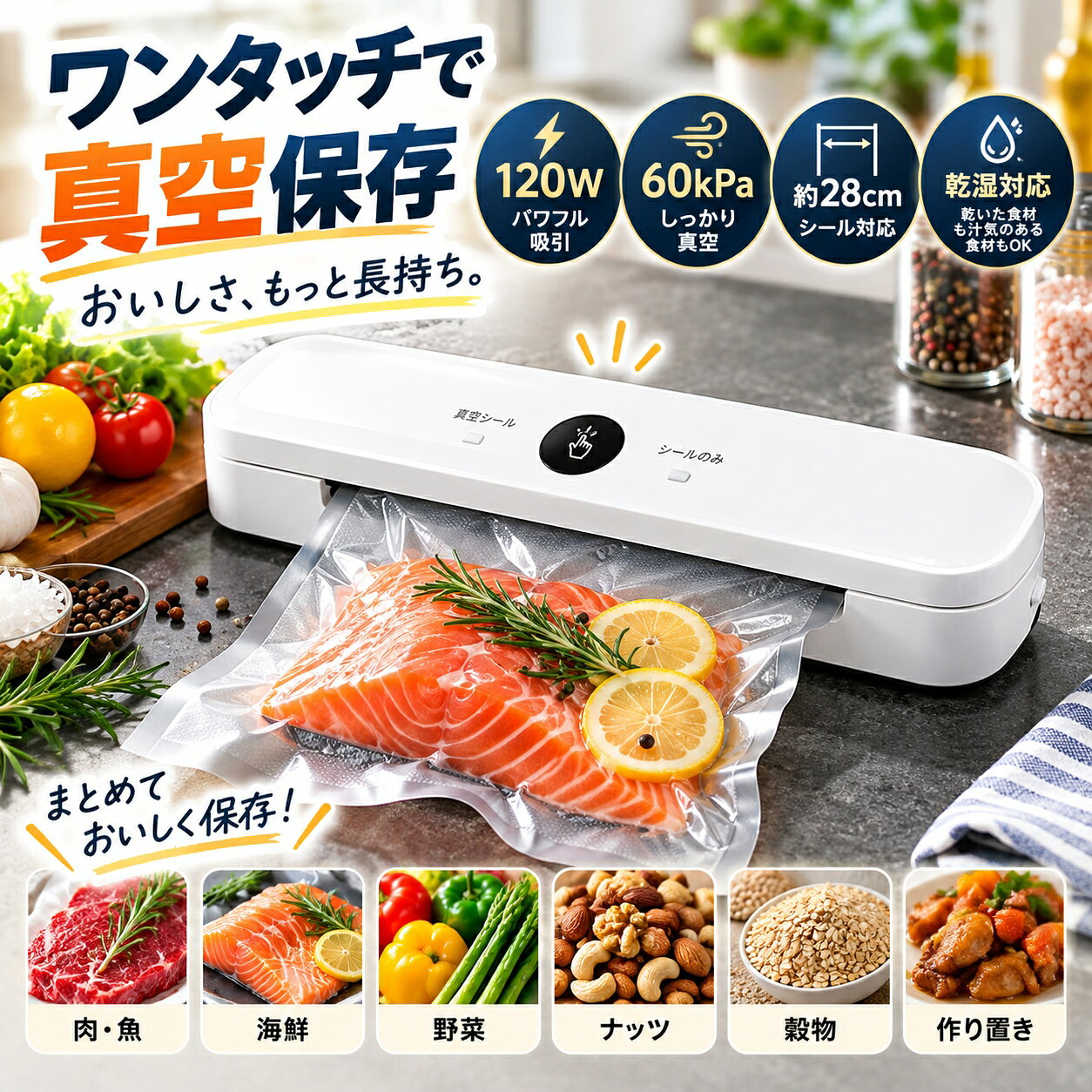ボタンひとつで、真空保存をもっと手軽に。 約60kPaの吸引力とシール長約28cmに対応。 自動真空、点動吸引、単独シールを使い分けられる家庭用真空パック機です。 まとめ買いした肉や魚、使い切れなかった野菜、開封後の乾物やお菓子など。 毎日の食品整理や小分け保存をサポートする、コンパクトな家庭用真空シーラーです。 自動真空・シール、点動吸引、単独シールを搭載し、食材や袋の状態に合わせて使い分けられます。 POINT 01 ワンタッチで自動真空・シール 対応する真空袋を正しくセットしてボタンを操作すると、真空吸引からシールまでを連続して行えます。 複雑な操作を繰り返す必要がなく、家庭で食材を小分けして保存したい時にも使いやすい設計です。 POINT 02 吸引力 約60kPa 仕入先詳細では、真空吸引力は約60kPaとして案内されています。 袋内部の空気を吸引し、肉、魚、野菜、乾物などの小分け保存をサポートします。 ※約60kPaは仕入先公称値です。 ※使用する袋、食材、内容量、使用環境によって真空状態は異なります。 POINT 03 シール長 約28cm 有効シール長は約28cm。 小分け用の袋から比較的大きめの真空袋まで、食材に合わせて使いやすいサイズです。 ※約28cmは仕入先資料に基づく目安値です。 POINT 04 約3mmのシール幅 仕入先詳細仕様では、シール幅は約3mm。 加熱によって袋口を圧着し、密封します。 ※シール状態は袋の材質、厚み、袋口の状態などによって異なります。 POINT 05 点動吸引で手動調整 食材や袋の状態を確認しながら吸引したい場合には、点動吸引が便利です。 ボタン操作で吸引状態を確認しながら調整できるため、やわらかい食材などを扱う際にも使いやすい機能です。 POINT 06 単独シールモード 真空吸引を行わず、袋の口だけを閉じる単独シール機能を搭載。 真空包装だけでなく、対応する袋の口をシールしたい時にも使用できます。 ※袋の材質によってシールできない場合があります。 POINT 07 乾燥食材・水分を含む食材に対応 乾燥食材だけでなく、肉や魚など水分を含む食材の使用例も仕入先商品ページで案内されています。 肉、魚、サーモン、ソーセージ、野菜など、家庭でよく使う食材の小分け保存に便利です。 ※スープ、汁物、液体そのものを直接吸引する用途には使用しないでください。 POINT 08 真空・シール 約22秒目安 仕入先詳細では、真空吸引からシールまでの処理時間目安は約22秒として案内されています。 ※約22秒は仕入先公称の目安値です。 ※袋の大きさ、食材、内容量、袋内の空気量などによって処理時間は異なります。 POINT 09 水分に配慮した受け槽 本体内部には、吸引時の水分に配慮した受け槽構造が確認できます。 水分を含む食材を扱った後は、汚れや水分を残さないようお手入れしてください。 ※大量の液体を吸引できる構造ではありません。 ※本体を水に浸したり、丸洗いしたりしないでください。 POINT 10 滑り止め付き 本体底面には滑り止めパーツを配置。 キッチンカウンターなどで操作する際に、本体が動きにくいよう配慮されています。 POINT 11 120W・コンパクト設計 定格出力は120W。 本体サイズは約 幅350mm / 奥行72mm / 高さ60mmです。 細長いスリムなデザインで、使用しない時にもキッチン周りへ収納しやすいサイズです。 対応する真空袋について 真空吸引する場合 エンボス加工など、本製品に対応した真空包装用袋をご使用ください。 シールのみ使用する場合 袋の素材によっては単独シールで使用できる場合があります。 すべての袋で真空吸引できるわけではありません。 真空機能を使用する場合は、本製品に対応する真空袋をご使用ください。 真空袋10枚付き 現在の本体セットには真空袋10枚が付属します。 商品到着後に真空包装を試しやすいセット内容です。 こんな食品に 肉類 魚介類 サーモン ソーセージ 野菜 乾物 豆類 ナッツ お菓子 作り置き食材 冷凍保存用食材 食品保存について 真空包装は袋内部の空気を減らして食品保存をサポートする方法です。 食品の安全性や保存期間を保証するものではありません。 食品に適した温度、期間で冷蔵または冷凍保存してください。 まとめ買いした食材を、使いやすく小分け。毎日の食品整理をもっと手軽に。家庭用 真空パック機 本体＋真空袋10枚付き 現在の采购仕様は、日本向けとして案内されたプラグタイプです。 電気仕様は実物銘板確認後に最終確定してください。 商品仕様 商品名 家庭用 真空パック機 / 真空シーラー カラー ホワイト 定格出力 120W 真空吸引力 約60kPa ※仕入先公称値 シール長 約28cm シール幅 約3mm 真空・シール時間 約22秒 ※仕入先公称の目安値。袋や食材、内容量によって異なります。 本体サイズ 約 幅350mm / 奥行72mm / 高さ60mm 本体重量目安 約0.7kg ※仕入先商品属性表記 出荷登録重量 約800g ※仕入先登録値 主な機能 自動真空・シール / 点動・手動吸引 / 単独シール / 乾湿対応 付属品 真空袋10枚 カラー ホワイト 基本的な使い方 1. 食材を袋に入れる 対応する真空袋へ食材を入れます。袋口にシワ、油、水分、食材片などがないことをご確認ください。 2. 袋口をセット 袋口を本体の真空エリアへ正しくセットします。 3. 本体をロック 本体上部を閉じ、正しく固定します。 4. モードを選択 自動真空・シール、点動・手動吸引、単独シールから用途に合わせて選択します。 5. 密封状態を確認 処理終了後に袋口が正しくシールされていることをご確認ください。 対応する袋について すべての袋で真空吸引できるわけではありません。 真空吸引には、エンボス加工など本製品に対応した真空包装用袋をご使用ください。 通常の袋については、材質によって単独シールのみ使用できる場合があります。 こんな食品に 肉類 魚介類 サーモン ソーセージ 野菜 乾物 豆類 ナッツ お菓子 作り置き食材 冷凍保存用食材 水分を含む食材について 肉や魚など水分を含む食材にも使用できますが、スープ、汁物、液体そのものを直接吸引する用途には使用しないでください。 液体が本体内部へ大量に吸い込まれないよう、食材の状態を確認しながらご使用ください。 電源仕様について 仕入先から日本向けとして案内されているプラグ仕様を采购しています。 実際に販売する商品の定格電圧、周波数、銘板表示は、出荷される実物仕様をご確認ください。 【ご購入前に必ずご確認ください】 ・本商品は家庭用真空パック機です。業務用大型真空包装機ではありません。 ・すべての袋で真空吸引できる商品ではありません。真空機能には対応する真空包装用袋をご使用ください。 ・スープ、汁物、液体そのものを直接吸引しないでください。 ・水分を含む食材を使用する場合は、本体内部へ液体が大量に吸い込まれないようご注意ください。 ・真空包装は食品の腐敗や細菌繁殖を完全に防止するものではありません。 ・真空包装後も、食品の種類に応じて適切な温度と期間で冷蔵または冷凍保存してください。 ・約60kPa、約22秒は仕入先公称値です。使用する袋、食材、内容量、使用環境によって異なります。 ・シール長約28cmは仕入先資料に基づく目安値です。 ・シール状態は袋の材質、厚み、袋口の状態によって異なります。 ・本体内部に液体が大量に入らないようご注意ください。 ・本体を水に浸したり、丸洗いしたりしないでください。 ・長時間の連続運転は避け、本体の状態を確認しながら適度に休ませてください。 ・仕入先資料内ではZL-760、618、SJT-618など複数の管理番号、型番表記が確認されているため、本ページでは型番を主要仕様として掲載していません。 ・日本向け出荷品の定格電圧、周波数、銘板表示、電気安全に関する仕様は、販売前に実物および仕入先資料をご確認ください。 ・撮影環境やモニター設定により、実物と商品画像では色味が異なって見える場合があります。