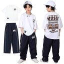 キッズ ダンス衣装 セットアップ ヒップホップ tシャツ 音楽 ラジオ プリント 白 パンツ トレパン 紺 ゆったり ストリート 子供服 男の子 tシャツ 半袖 トレーニング ロング丈 カッコイイ おしゃれ 練習着 舞台 派手 ダンスウェア