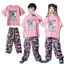 キッズダンス衣装 ヒップホップ セットアップ カーゴパンツ ピンク 桜色 迷彩 子供服 男の子 女の子 tシャツ 兎 捺染 プリント 半袖 ソリッドカラー パンツ ロング丈 丈夫 段袋 便利 可愛い ダンスウェア おしゃれ 個性派