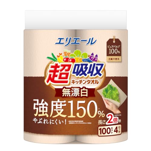 -/-/4902011126488・パッケージ個数:1・キッチンを華やかにするクローバー柄エンボス加工！・水をぐんぐん吸うのにやぶれにくい！・ふき取りにも便利。・電子レンジ（レンジ機能のみ）にも使用可能。・パルプ100%。強度150%やぶれにくい！ ※縦方向の乾燥引張強度（超吸収キッチンタオル50カット品比） 安心感の高い無漂白タイプ。 独自開発エンボス加工の空間に油をキープし、裏抜けしにくい！※当社従来品との比較（当社調べ）
