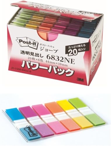 05.(20個パック)メロン、イエロー、オレンジ、ローズ、パープル、スカイブルー 計6色/e. 20個/6832NE・Style:05.(20個パック)・パッケージ個数:1・本や書類で、ページの細かい分類や数多くの見出しが必要な時に色数が多く、色分けに便利・まとめ買いにおすすめの20個パック入り・ふせんサイズ：44×10mm 透明見出し・カラー：メロン、イエロー、オレンジ、ローズ、パープル、スカイブルー 計6色・枚数:120枚(20枚×6色)×20個入り●丈夫で破れにくい、フィルム素材のポスト・イットR　製品です。●貼ると透明になり下の絵や文字を隠しません。●一枚ずつ連続して取り出せるポップアップ式です。●まとめ買いにおすすめの20個パックです。●幅のタイプや色数が豊富で、ページの細かい分類や数多くの見出しが必要な時に。