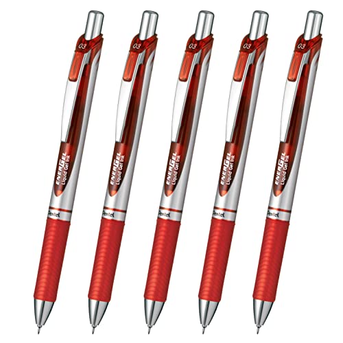 ぺんてる ボールペン ゲルインキ エナージェル ノック式 0.3mm シルバー軸 XBLN73-B 赤 5本 送料無料