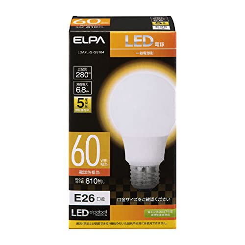 電球色/60W型 E26/LDA7L-G-G5104・パッケージ個数:1・ワイドに明るい広配光設計です。・省エネ法2027年度目標基準達成・密閉型器具対応・軽量・コンパクト設計・白熱電球に近いサイズなので、様々な器具への取り換えが可能です■交流電源：100V 50/60Hz共用 ■口金：E26 ■サイズ：全長107X外径60(mm) ■質量：43g ■定格消費電力：6.8W ■定格入力電流：120mA ■設計寿命：40000h ■全光束：810lm ■エネルギー消費効率：119.1lm/W ■光色：電球色相当 ■屋内用