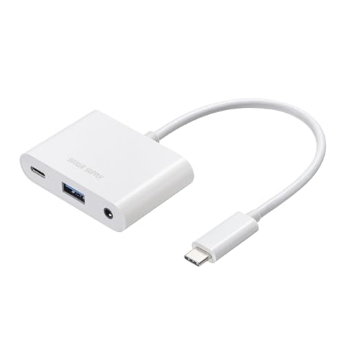 ホワイト/-/USB-5TCPA23W・パッケージ個数:1・スマートフォンやタブレットのUSB Type-Cポートに3.5mmプラグ仕様の有線イヤホンやヘッドセットが接続できます。・最大24bit/96kHzに対応したDAC搭載で音楽や映画を高音質で楽しめます。・USB5Gbps（3.2 Gen1）USB A×1、Type-C×1ポート付でマウスキーボードなどの周辺機器が接続できます。・USB PD対応で、最大100Wの電力供給が可能。充電しながらイヤホンやUSB機器を使用できるため、作業中も充電切れの心配がありません。※パソコン・タブレットへの給電は最大92Wです。・Type-Cポートはデータ転送にも対応しており、メモリなどのUSB機器も接続できます。●スマートフォンやタブレットのUSB Type-Cポートに3.5mmプラグ仕様の有線イヤホンやヘッドセットが接続できます。 ●最大24bit/96kHzに対応したDAC搭載で音楽や映画を高音質で楽しめます。 ●USB5Gbps（3.2 Gen1）USB A×1、Type-C×1ポート付でマウスキーボードなどの周辺機器が接続できます。 ●USB PD対応で、最大100Wの電力供給が可能。充電しながらイヤホンやUSB機器を使用できるため、作業中も充電切れの心配がありません。 ※パソコン・タブレットへの給電は最大92Wです。 ●Type-Cポートはデータ転送にも対応しており、メモリなどのUSB機器も接続できます。 ●ケーブル一体型なのでケーブルを別途購入する必要がありません。 ●ドライバー不要で接続するだけですぐに使用できます。 ＜PC接続端子＞ ■コネクタ形状：USB Type-C ■対応規格：USB 5Gbps（USB3.2 Gen1/3.1 Gen1/3.0）準拠 ※USB5GbpsはUSB-IF(USB Implementers Forum )によりUSB3.2/3.1/3.0が名称変更されたもので同じ規格です。 ■USB PD最大出力：92W ※ご使用のパソコンやPD電源アダプタによってはパソコンに添付の電源アダプタの使用を推奨する警告が表示されることがありますが、使用上問題ありません。 ■ケーブル長：15cm ■ケーブルタイプ：ケーブル一体型 ＜USBポート＞ ■ポート数：2ポート ■最大データ転送速度（理論値）：5Gbps ■USB Type-Cメス/USB 5Gbps：1ポート PD対応ポート（PD＆データ 対応） ※USB Type-C接続のモニターには対応していません。 ■USB Aメス/USB 5Gbps：1ポート ＜電源＞ ■供給電流：最大3000mA（全ポート合計） ■電源供給方式：バスパワー/セルフパワー（電源接続時） ※パソコン本体に付属のPD対応ACアダプタ、またはPD対応のACアダプタを使用した場合、セルフパワーとしても使用できます。 ※USB PD対応ACアダプタからの出力が足りない場合、パソコンによっては充電モードに入らない場合があります。その際は出力の大きいUSB PD対応ACアダプタに変更してお試しください。 ※USB PD対応アダプタは同梱しておりません。別途ご用意ください。 ※USB PD対応パソコンである必要があります。 ■本体消費電力：8W ■USB PD入力ポート：あり ■USB PD最大入力：100W ＜オーディオ端子＞ ■ジャック形状：3.5mm 4極ミニジャック（マイク・ヘッドホン端子兼用）×1 ＜共通仕様＞ ■セット内容：※WEB取説です。 ■サイズ：約W59×D40×H14mm ■重量：約32g