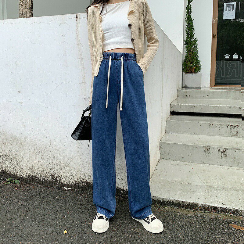 Rakuten - デニムパンツ レディース パンツ 春 夏 秋 ハイウェスト ウエストゴム ワイドパンツ ひんやり 薄手 ガウチョ ボトムス デニムパンツ ゆるパンツ ハイウエスト 春 夏 秋 ウエストゴム 無地 着痩せ 通勤 ゆったり ストレートパンツ