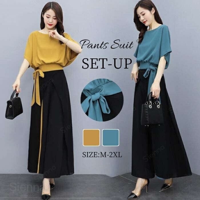 Nylon, Rayon, Polyester - セットアップ レディース パンツスーツ 2点セット リボン付き ガウチョパンツ 着痩せ 半袖 春 夏 春秋 配色 無地 シフォン ワイドパンツ 体型カバー OL オフィス お呼ばれ カジュアル おしゃれ ママスーツ エレガント フォマール 結婚式 二次会 20代 30代 40代 50代