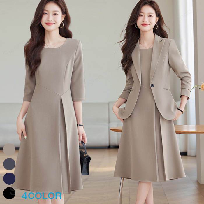 スーツ レディース ワンピース ジャケット セット ママスーツ レディーススーツ リクルートスーツ ワンピーススーツ 制服 ハイウェスト セミフレア フレアスカート グレー系 黒 女性 オールシーズン対応 2点セット オフィス 仕事 通勤 会社 OL ビジネス 結婚式 母親 母