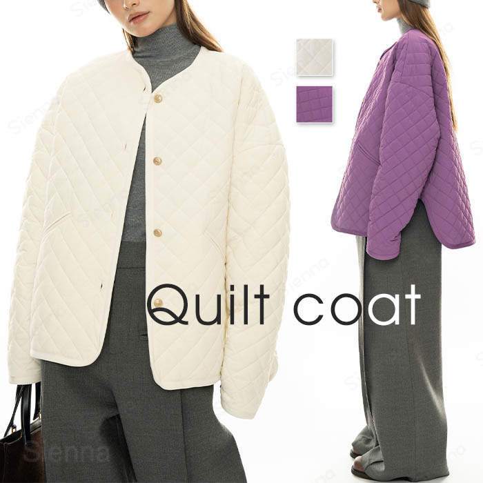 Coat - キルティングジャケット ブルゾン ダウン レディース コート ダウンジャケット 長袖 秋 冬 キルト アウター ライトアウター 中綿 中綿入り 中綿コート ダウンコート キルトコート 軽量 防寒 防風 暖か あったか ポケット付き ノーカラー 丸首 大きいサイズ ゆったり