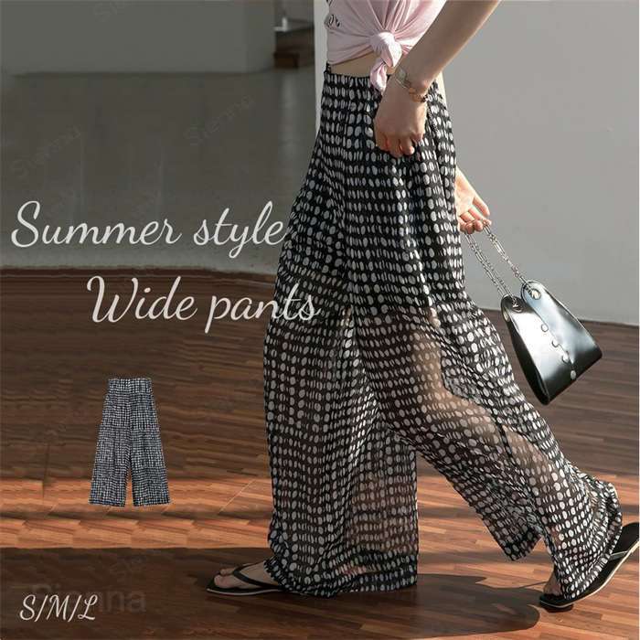 ワイドパンツ レディース きれいめ 夏 春 総柄 柄パンツ シフォン ボトムス シフォンパンツ ガウチョパ..