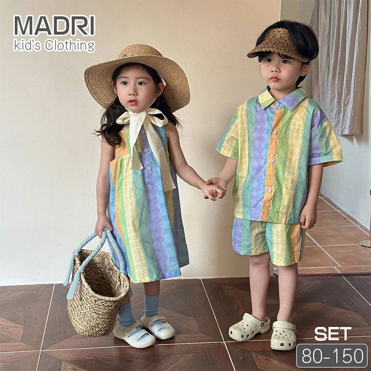 Rakuten - 【送料無料】カラフル 韓国 子供服 セットアップ 兄妹 夏服 キッズ シャツ ハーフパンツ 短パン 男の子 女の子 ワンピース ネオンカラー 半袖 上下セット ゆったり ベビー ジュニア 150 140 130 120 110 100 90 80 春 おしゃれ 可愛い 赤ちゃん 幼稚園 小学生 入学 入園 誕生